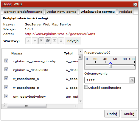 Formatka konfigurowania serwisów mapowych WMS