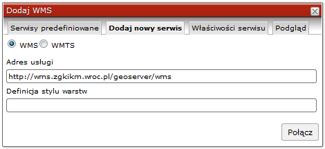 Formatka dodawania serwisów mapowych udostępnionych w formie usług WMS